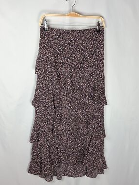 Lofty Manner Cheryl Floral Tiered Ruffle Maxi Skirt Boho Ditsy Purple Black M